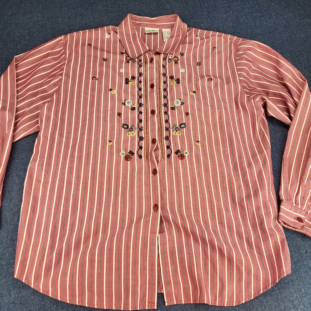 Koret City Blues Red White Blue Striped Floral Embroidered Shirt Leaf Buttons L
